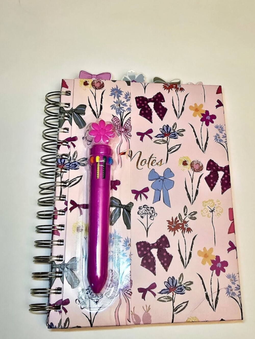 NEW Floral Bows Spiral Notebook w/ Pink Flower Pen Set Coquette